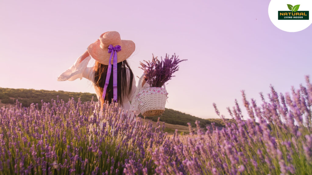 A bottle of elegance lavender oil surrounded by fresh lavender, highlighting its benefits for hair and skin in daily wellness.