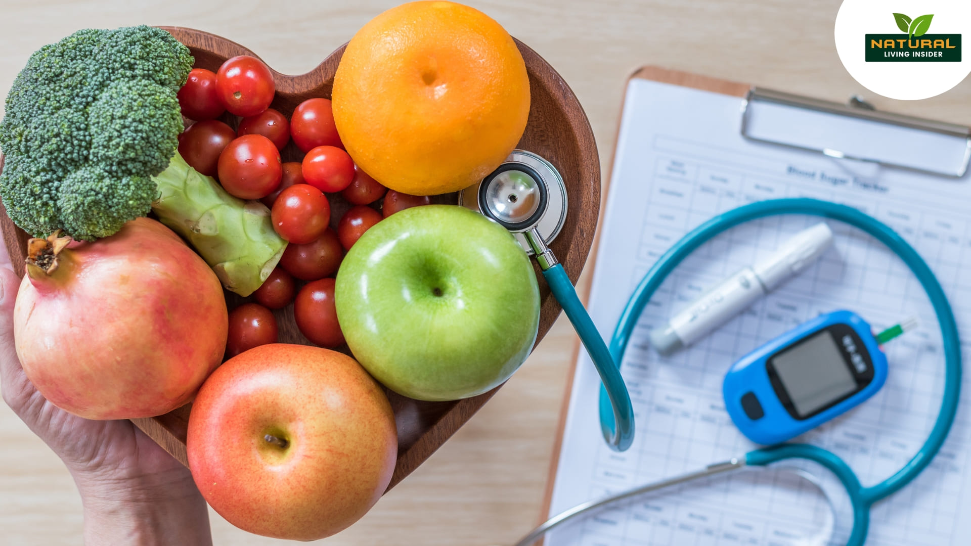 A person presents a heart-shaped plate filled with colorful fruits and vegetables, symbolizing healthy eating for diabetes management.