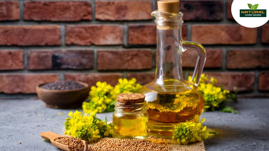 A close-up of canola oil and mustard seeds, showcasing the health benefits of canola oil in cooking and wellness.