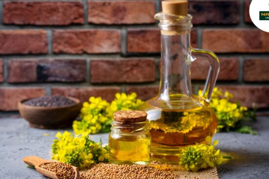 A close-up of canola oil and mustard seeds, showcasing the health benefits of canola oil in cooking and wellness.