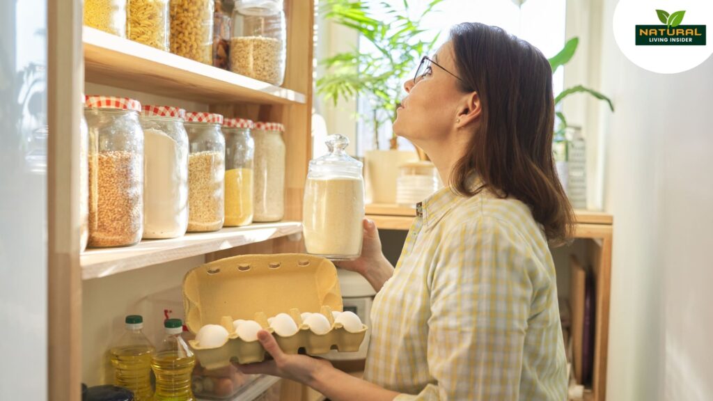 A woman holds a box of cereal in a pantry, showcasing a commitment to sustainable living with natural ingredients.