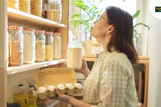 A woman holds a box of cereal in a pantry, showcasing a commitment to sustainable living with natural ingredients.