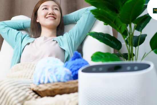 A woman enjoys relaxation in a chair, surrounded by a fan and air purifying, promoting a serene and clean air.