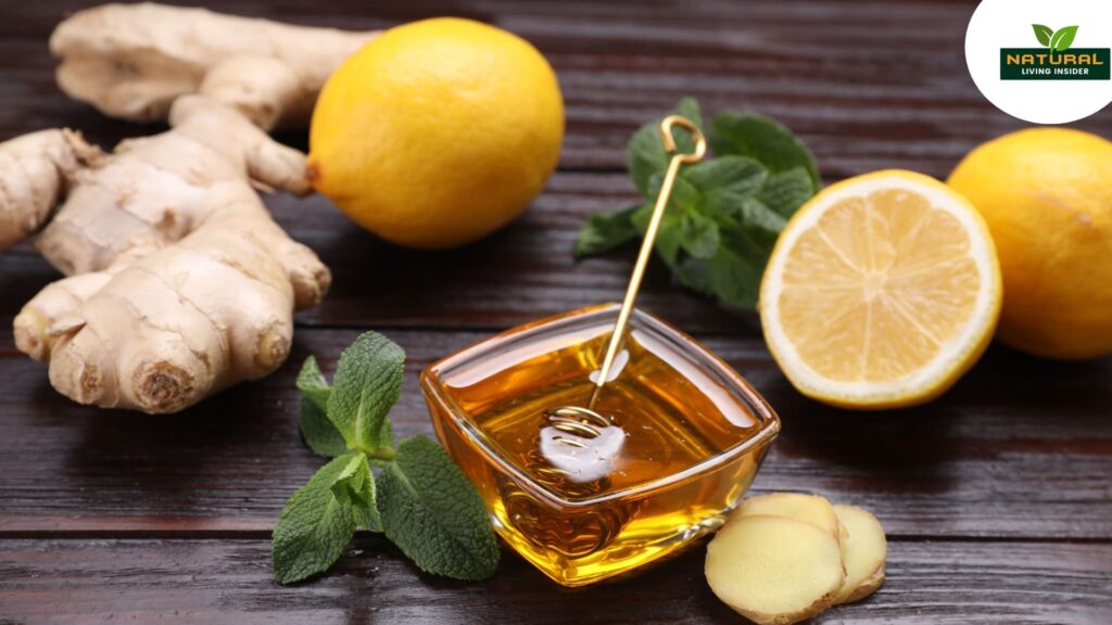 Fresh lemon and honey on a wooden table, symbolizing natural healing with herbal remedies.