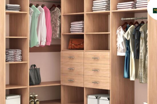 Organized closet with drawers and shelves filled with sustainable clothing for a lasting wardrobe.