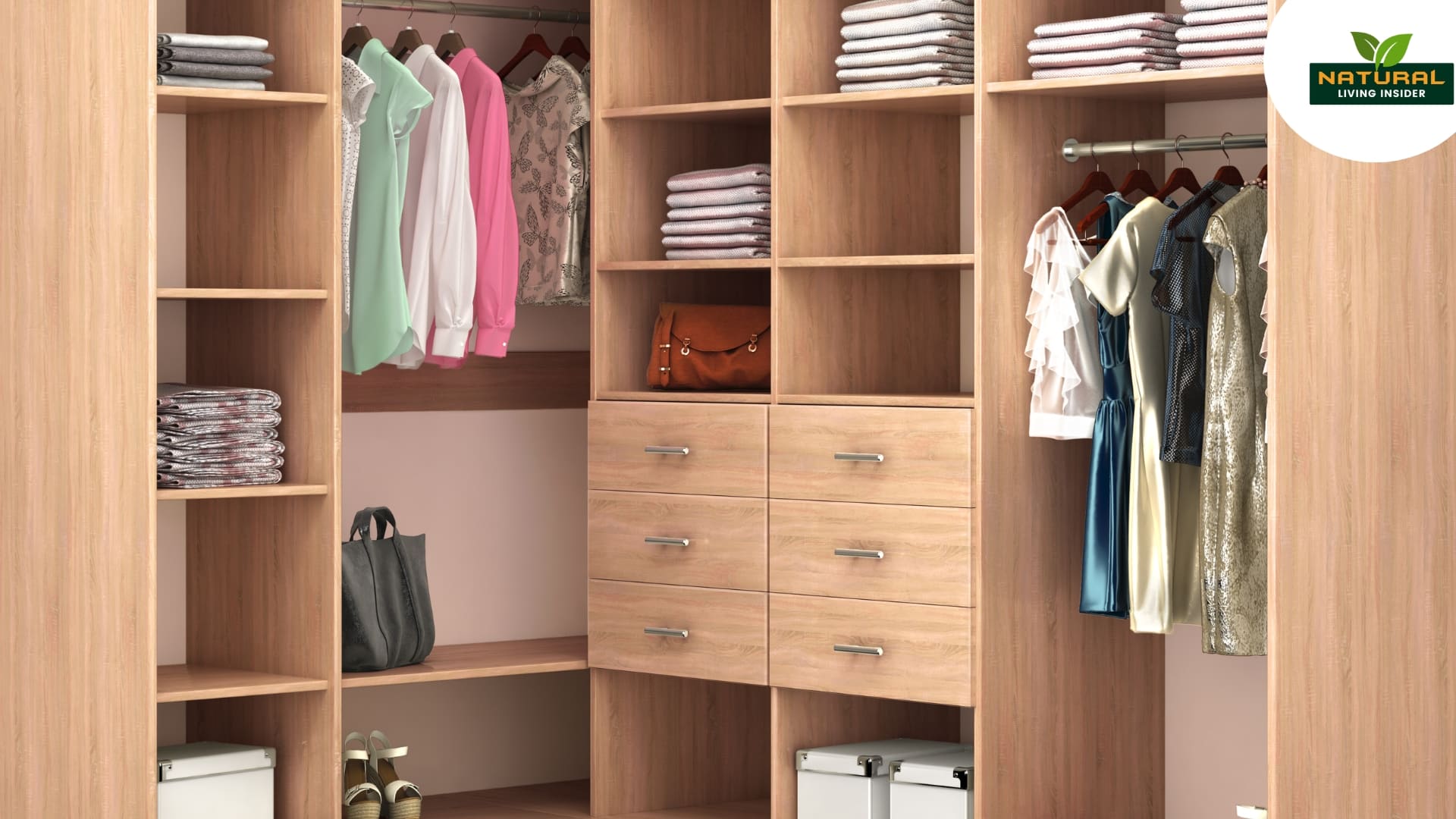 Organized closet with drawers and shelves filled with sustainable clothing for a lasting wardrobe.