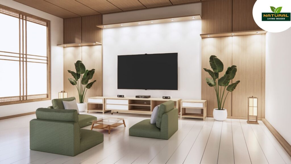 A minimalist living room featuring a large TV and stylish green chairs.