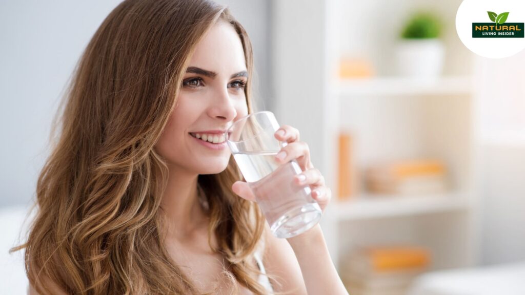 A lady drink warm water at early in the morning