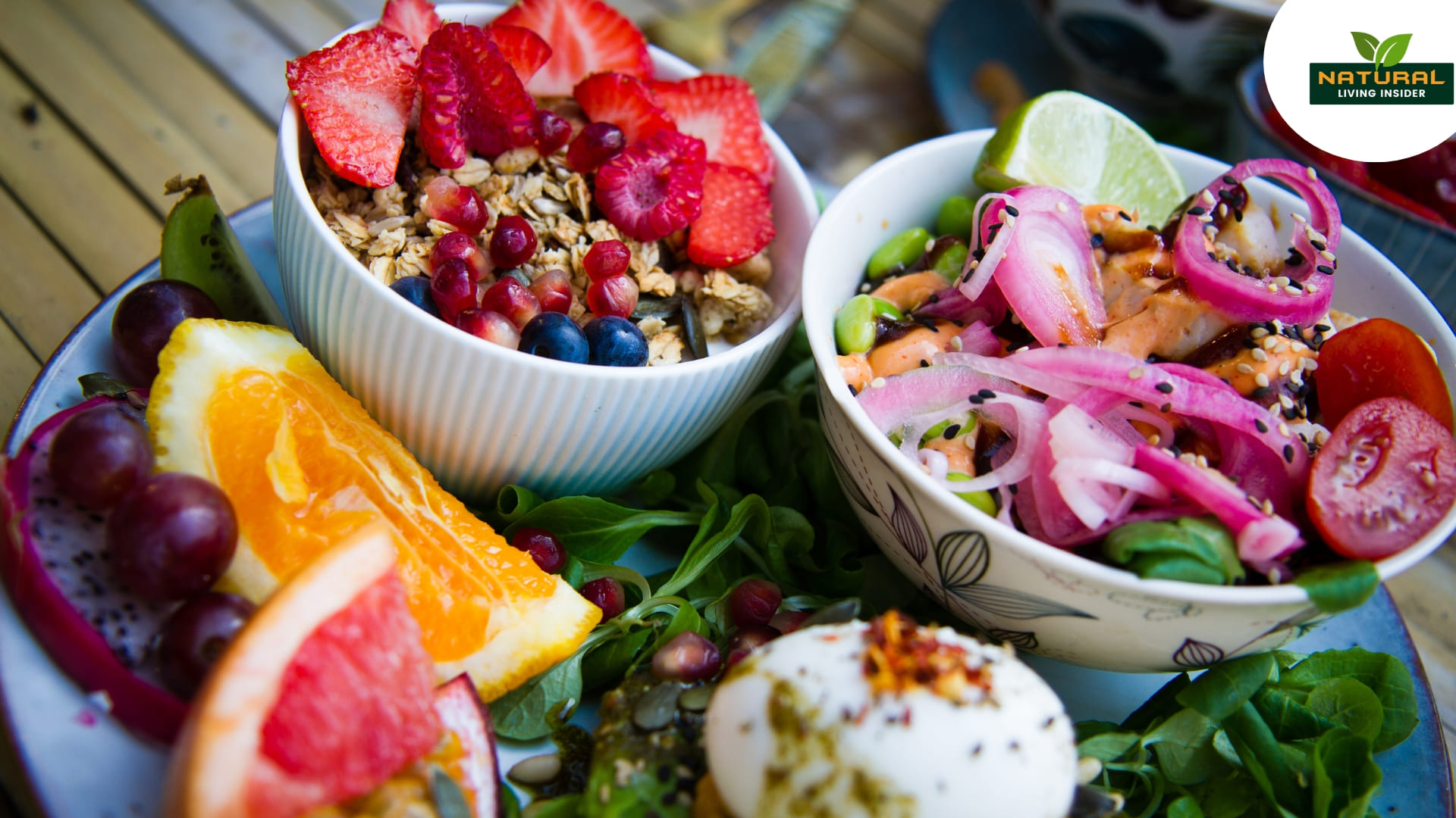 A colorful plate of fresh fruits and veggies, bursting with natural textures.