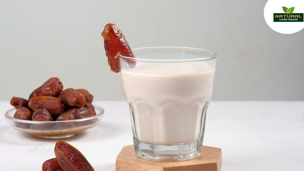 A glass of milk with a few dates and showcasing a wholesome snack option for boost energy.