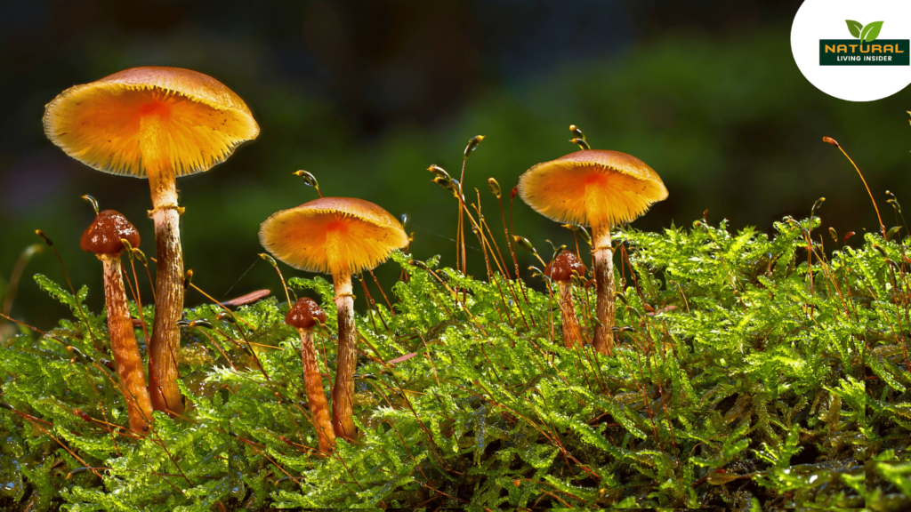 Three medicinal mushrooms on lush moss.