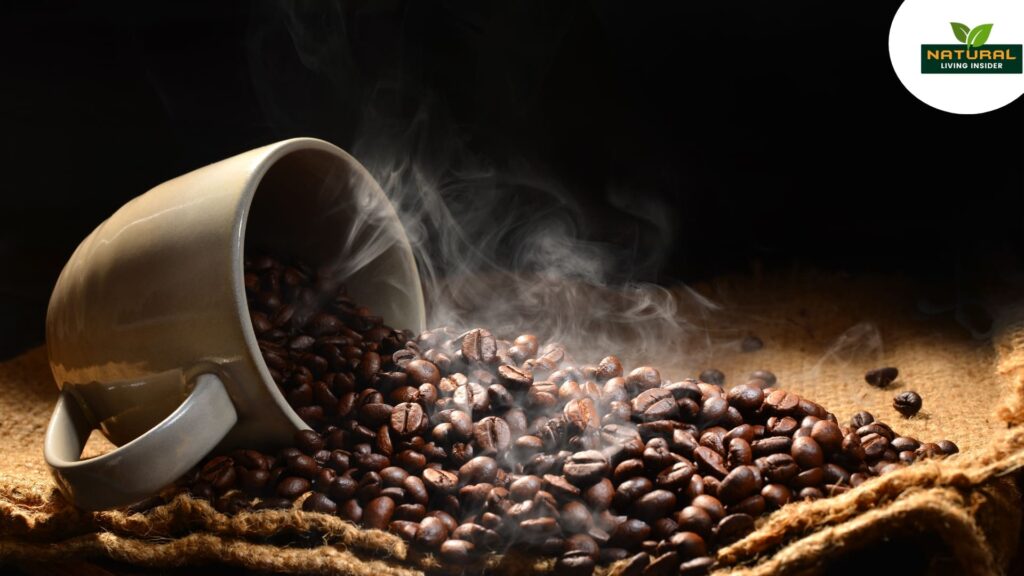 Steaming coffee beans, highlighting coffee’s health benefits for a refreshing start.