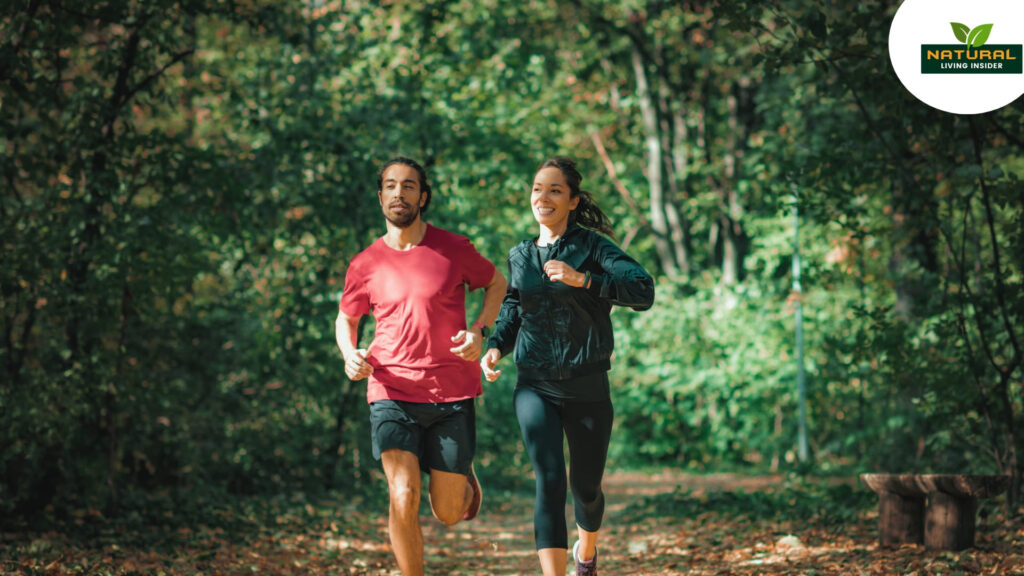 Two people running in a tranquil woodland, illustrating the health benefits of jogging versus walking.